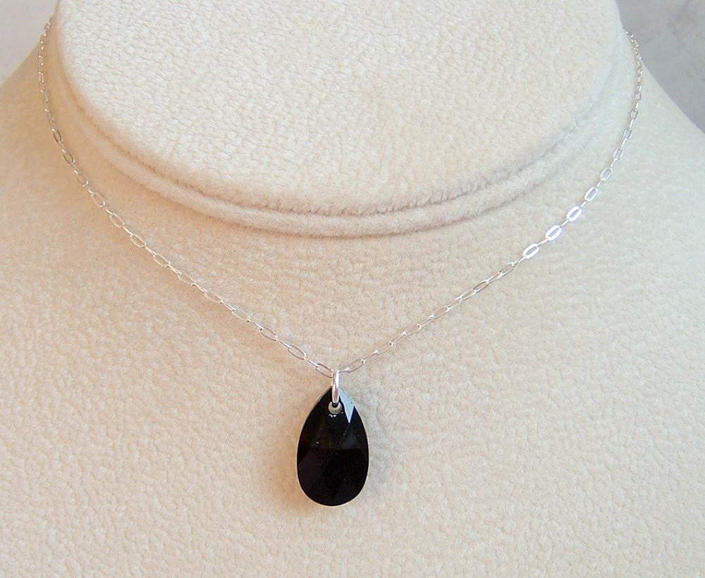 Black Teardrop Crystal Pendant 18 Inch Sterling Necklace