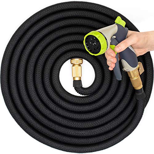 Hospaip 50ft Garden Hose - All New Expandable Water Hose with Double Latex Core, 3/4 Solid Brass Fittings, Extra Strength Fabric - Flexible Expanding Hose with Metal 8 Function Spray Nozzle