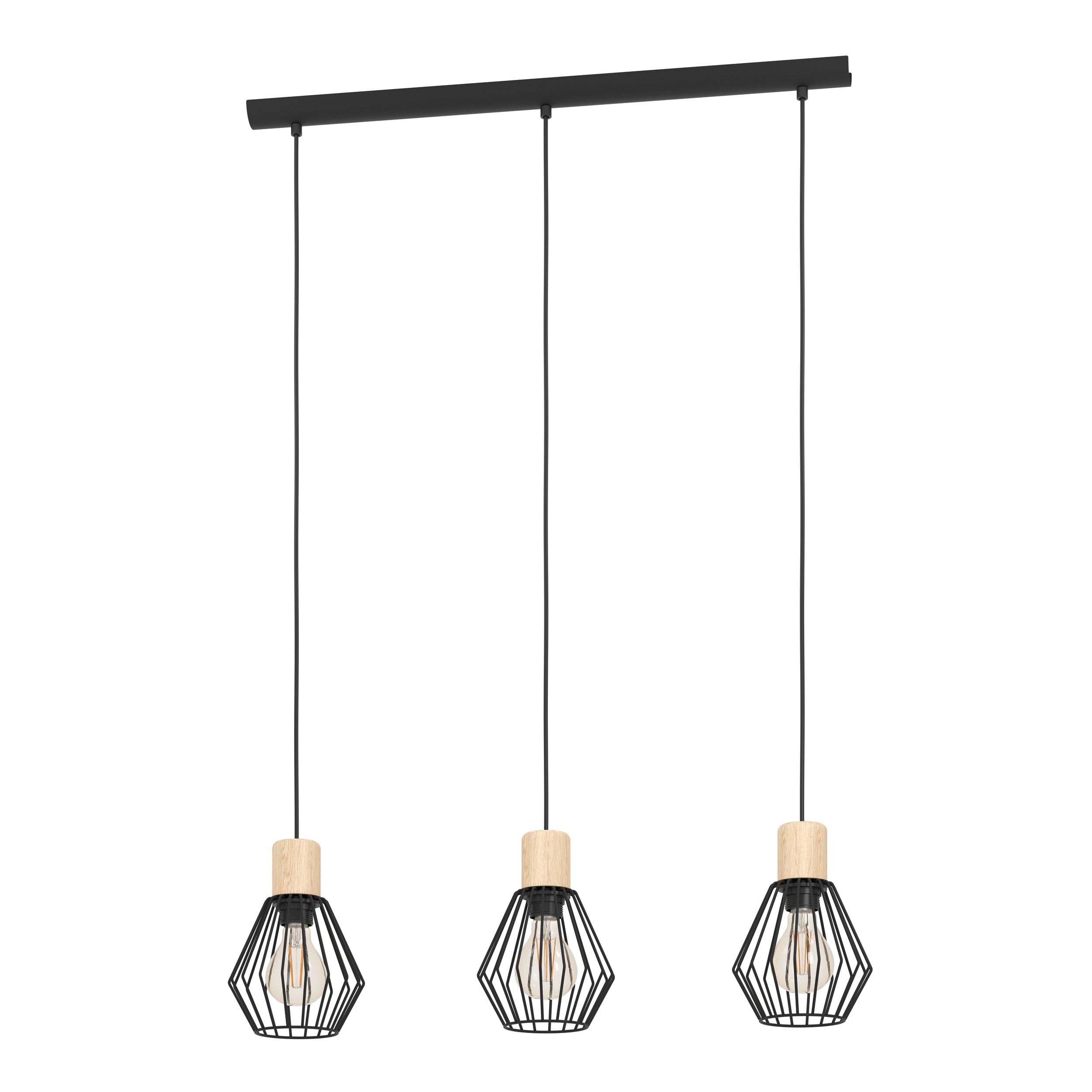 Eglo Pendant Light Palmorla, 3-Light Hanging Lamp Vintage, Industrial, Retro, Pendant Lamp Made of Steel and Wood in Black, Natural, Dining Table Lamp, Hanging Living Room Light with E27 Socket