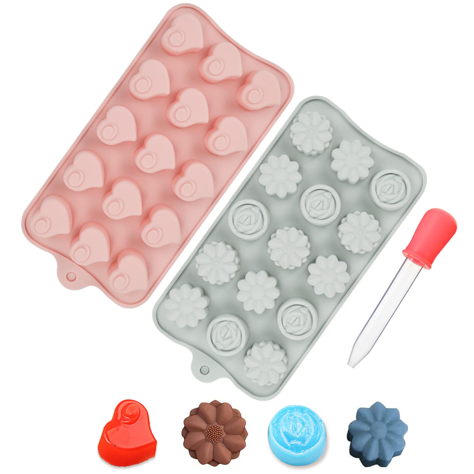 JUSONEY Silicone Moulds for Wax Melts - 2 PCS Cute Flower and Heart Silicone Molds with Dropper - Non-Stick Food Grade Silicone Mould for Chocolate Cookie, Candy, Cake, Ice Cube, Jelly