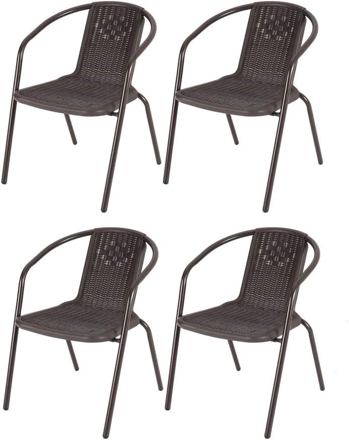 DKIEI 4 Pcs Outdoor Brown Wicker Rattan Bistro Chairs Metal Frame 72x56x54.5cm