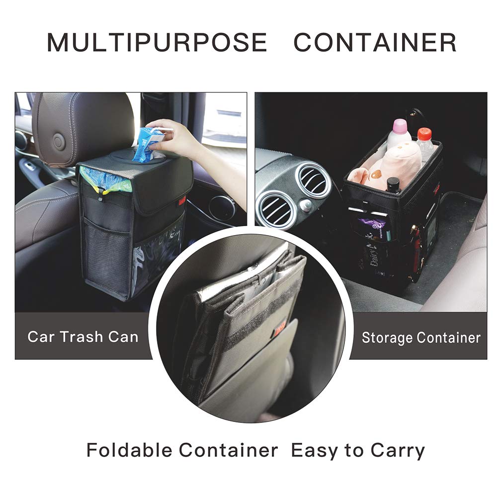 Car Garbage Can with Lid Multipurpose Trash Bin for Car Portable Car Trash Bag with Storage Pockets Hanging Car Trash Can100% Leak-Proof Car Organizer (Black)