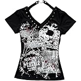 Womens Y2K Skull Gothic Graphic T-Shirt Vintage Slim Fit Grunge Print Tops Crew Neck Streeetwear Crop Top