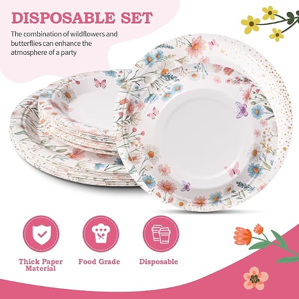 168PCS WILDFLOWER PARTY SUPPLIES FOR 24 GUESTS SPRING FLORAL BABY SHOWER BIRTHDAY DECORATIONS DISPOSABLE PAPER PLATES AND NAPKINS KNIVES SPOONS FORKS CUPS FOR BABY BRIDAL SHOWER BIRTHDAY PARTY