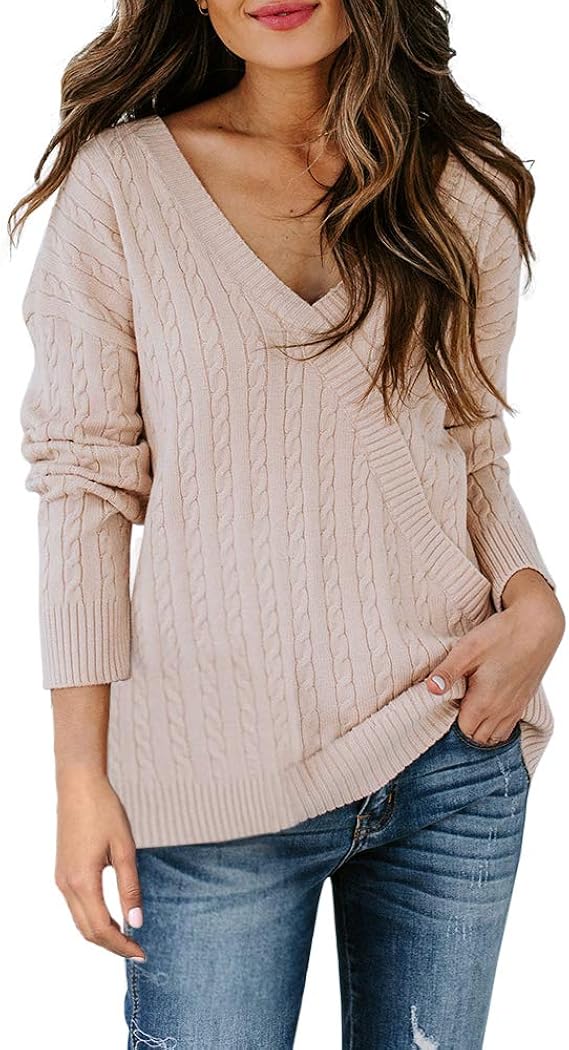 Womens Long Sleeve Wrap Sweaters Cable Knit Deep V-Neck Pullovers Basic Ribbed Plain Jumper Tops 