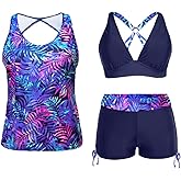 Yonique 3 Piece Tankini Swimsuits for Women Swim Tank Top Bathing Suits with Boy Shorts and Bra Athletic Swimwear