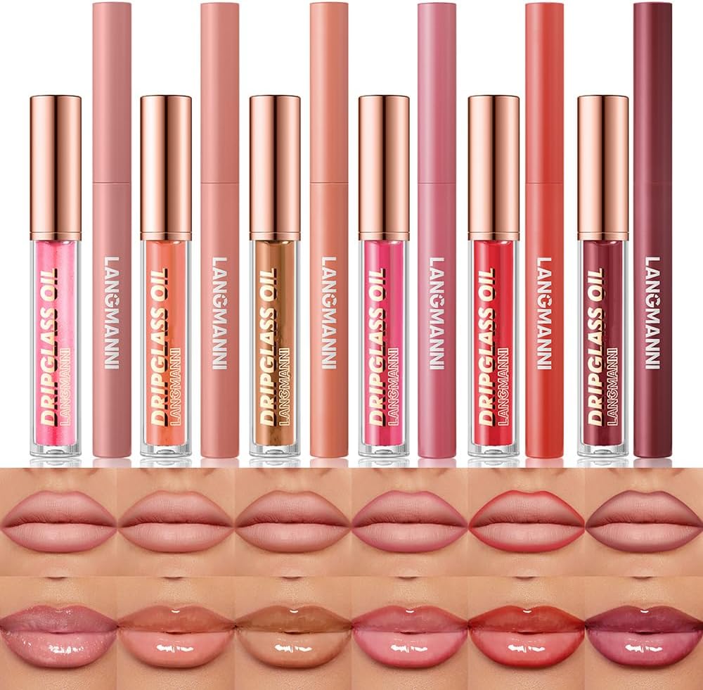 HQDA 12 Pcs Hydrating Lip Oils + Lip Liner Pencil Set Nude Lip Gloss
