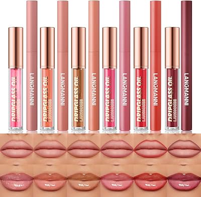 HQDA 12 Pcs Hydrating Lip Oils + Lip Liner Pencil Set Nude Lip Gloss