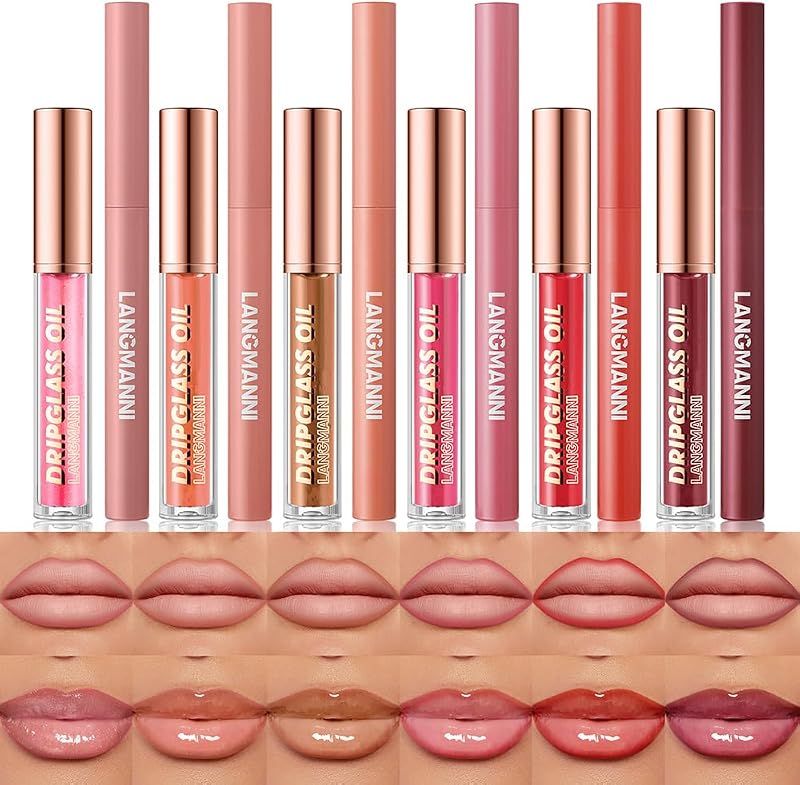 HQDA 12 Pcs Hydrating Lip Oils + Lip Liner Pencil Set Nude Lip Gloss