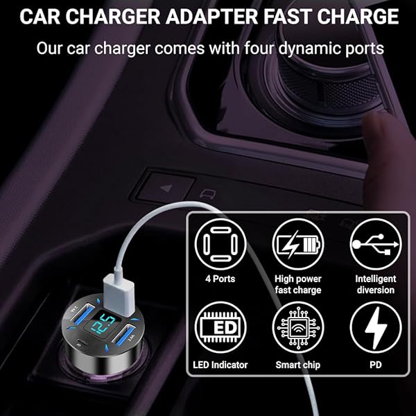 RDRKR 66W 4-PORT CAR CHARGER – PD & QC 3.0 FAST CHARGING CIGARETTE LIGHTER ADAPTER, DUAL TYPE-C + DUAL TYPE-A PORTS COMPATIBLE WITH IPHONE, ANDROID & TABLETS