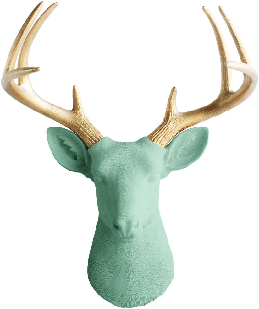 Wall Charmers Deer in Mint + Gold Antler - Faux Head Bust Metallic Green Fake Animal Resin Taxidermy Turquoise Stag Decor Mount Art Buck