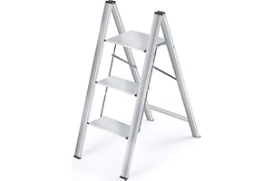 KINGRACK Aluminium 3 Step Ladder, Lightweight Folding Step Ladder, Portable Slim Step Stool, 330lbs Safety Stepladder with Multi-Function, Silver