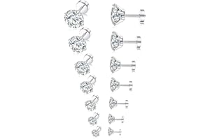 Tornito 7 Pairs 18G 20G Stainless Steel Stud Earrings Round Cubic Zirconia Barbell Earring Set For Men Women 2MM-8MM Silver Tone