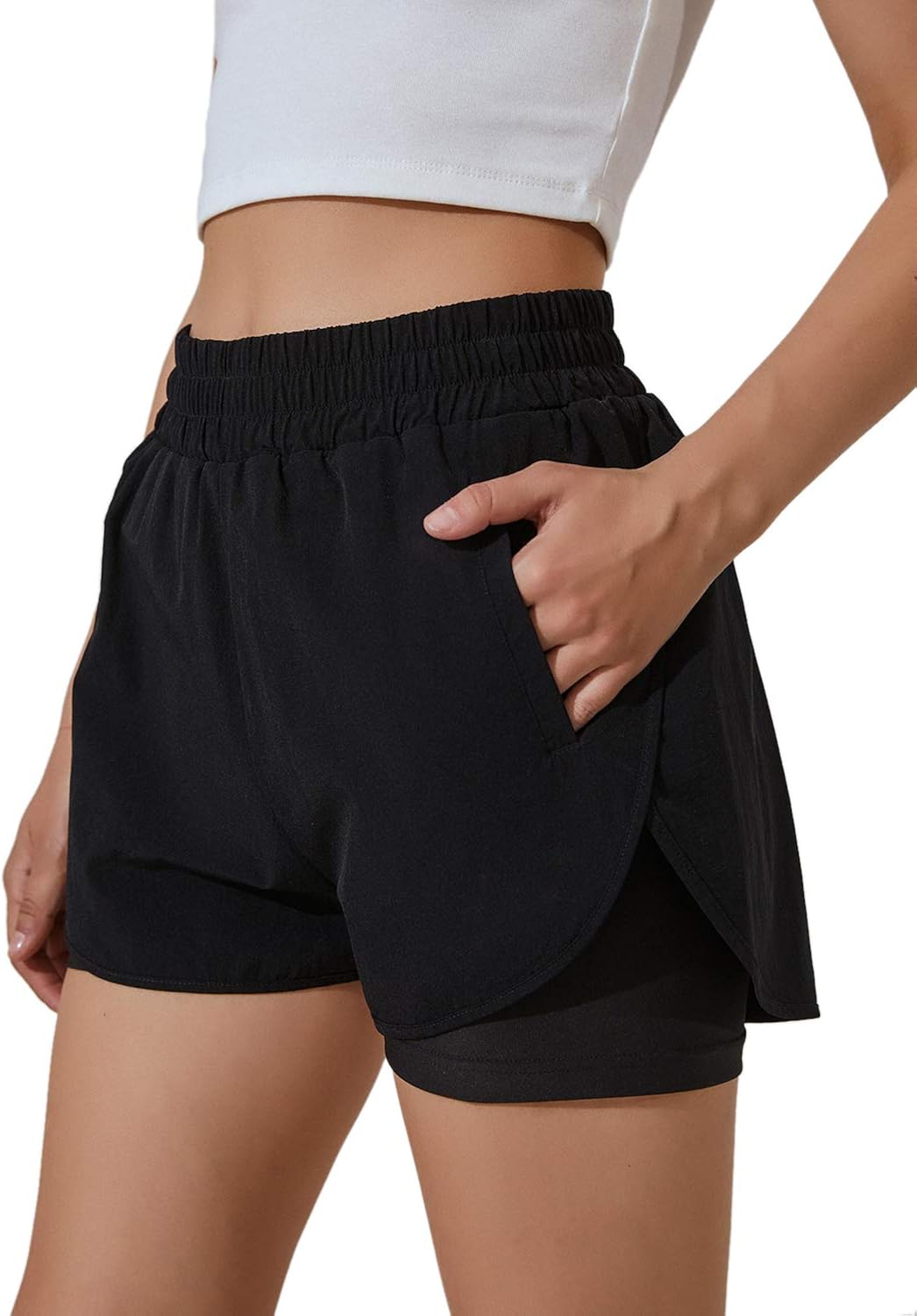 Amazon.com: BMJL Women's Running Shorts Elastic Waistband High Waisted Shorts Pocket Sporty 