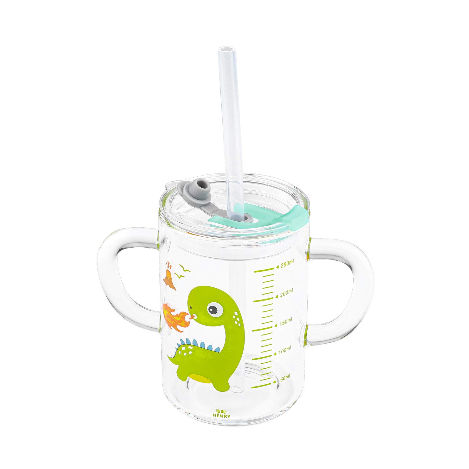 XINCHIA Glass Milk Cup 250ml Measuring Cup Cute Cartoon Sippy Cup with Silicone Straw & Leakproof Lid Heat-Resistant Drinking Glasses Double Handles Straw Cup with Scale Value for Water Milk Juice