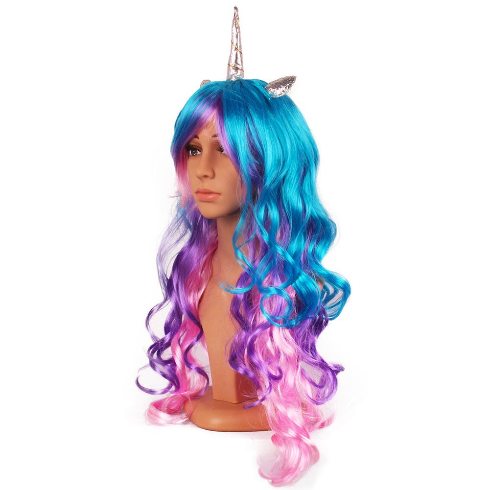 MIMIEYES Unicorn Horn Wig with Ears Headband Hairpiece Rainbow Long Curly Wigs for Halloween Party Cosplay Costume (Silver Horn)