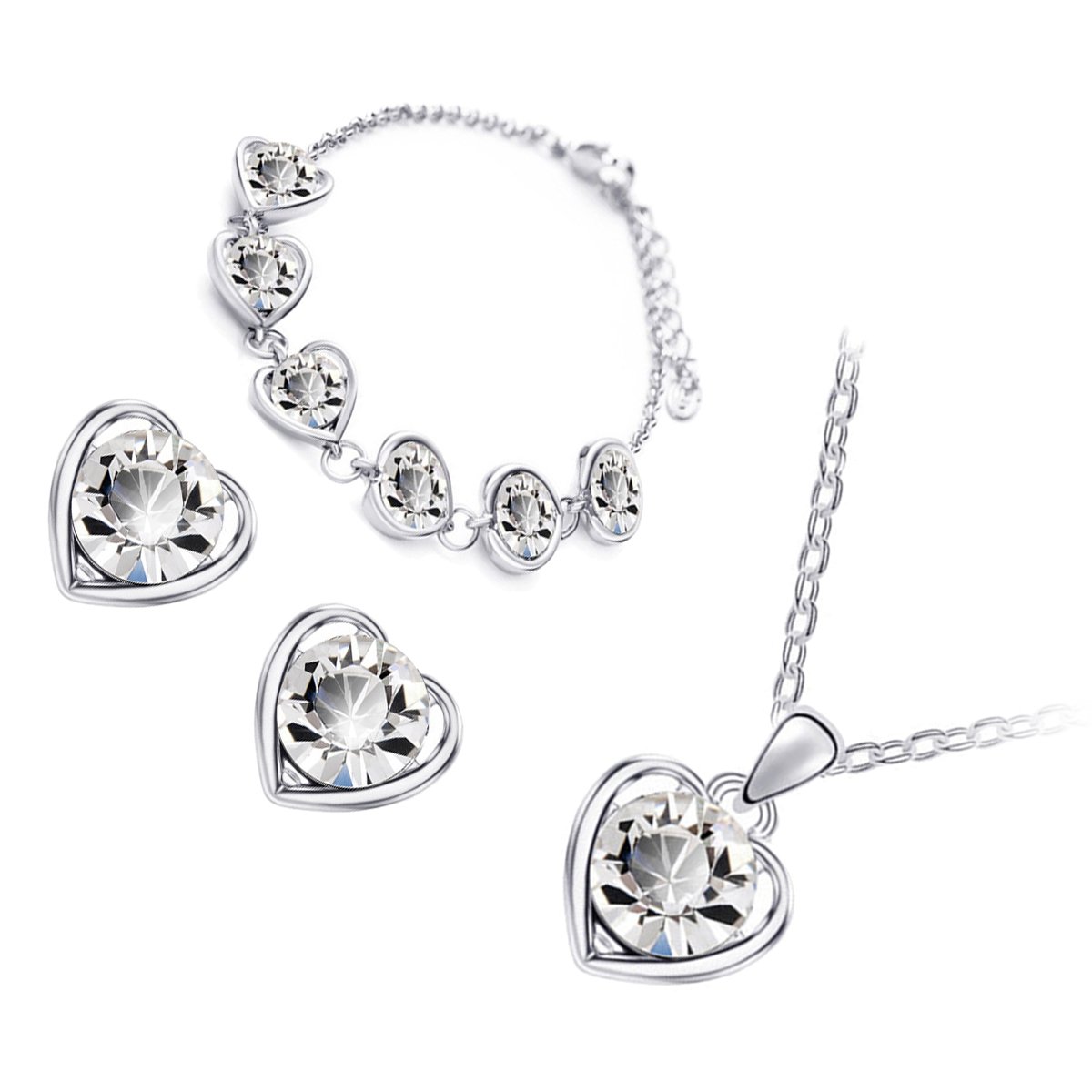 GWG Jewellery Set 925 Sterling Silver Coated Pendant Necklace, Earrings, and Chain Bracelet Round Cut Diamond Clear Crystal in Heart Framing in Gift Box for Women