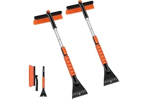 Odoland 2 Packs 33" Car Snow Brush with Ice Scraper, Extendable Snow Remover with 360°Pivoting Brush Head, Comfort Foam Handl