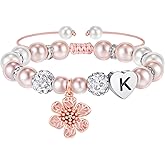 MONOOC Cute Flower Charm Bracelet for Girls Kids - Initial Charm Bracelets for Girls, Adjustable Pearl and Rhinestone Beaded Bracelet Heart Initial Bracelets Jewelry for Flower Girl Birthday Gifts