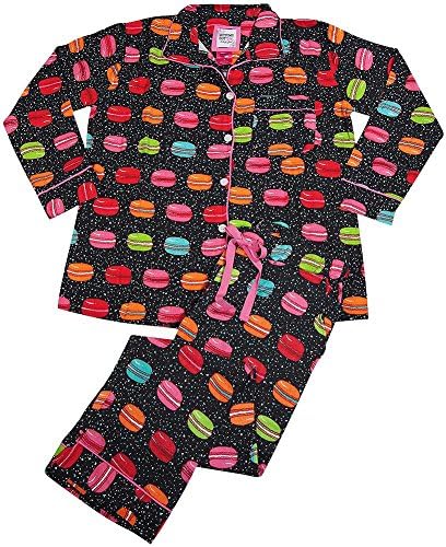 B O P J - Ladies Long Sleeve Macaroon Print Cotton Flannel Pajama Set, Black 38638-Large