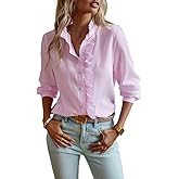 XQR Women's Ruffle Trim Button Up Long Sleeve Blouse Top Striped Stand Collar Elegant Work Shirt