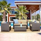 Wisteria Lane Outdoor Patio Furniture Set,5 Piece Conversation Set Wicker Sectional Sofa Loveseat Chair Gray Wicker,Tan Cushions