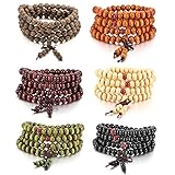 MOWOM 6PCS 8mm Wood Bracelet Link Wrist Necklace Chain Tibetan Buddhist Sandalwood Bead Prayer Buddha Mala Chinese Knot