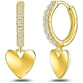 Heart Hoop Earrings for Women 14K Gold Plated Sterling Silver CZ Heart Dangle Hoop Earrings Small Love Huggie Earrings Highly Polished Dainty Minimalist Lightweight Jewelry Gifts for Wife Mom Birthday