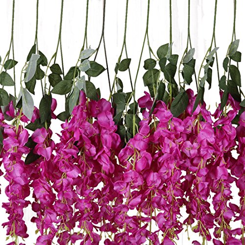 YSBER 6/12 Piece Artificial Fake Wisteria Vine Rattan, Hanging Silk Flowers String for Home Party, Yard and Wedding, Purple/Red - Thumbnail 4