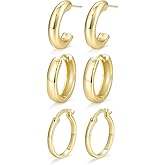 Pevoria 14K Gold Plated Hoop Earrings for Women Ladies Trendy Huggie Hoops 3 Pairs Chunky Open Lightweight Dainty Hypoallergenic Earrings Set