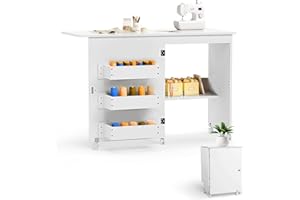 CRAFTEASE Folding Sewing Table, Rolling Craft Station Table Multipurpose Sewing Machine Cart W/Lockable Casters, Storage Bins and Shelves, Sewing Work Desk, White