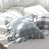 Minoki Plaid Ruffle Throw Pillow Covers,Farmhouse Gingham Checkered Cushion Covers,Vintage Shabby Decorative Pillowcases with Hidden Zipper for Sofa, Couch & Bedroom,Blue-Green