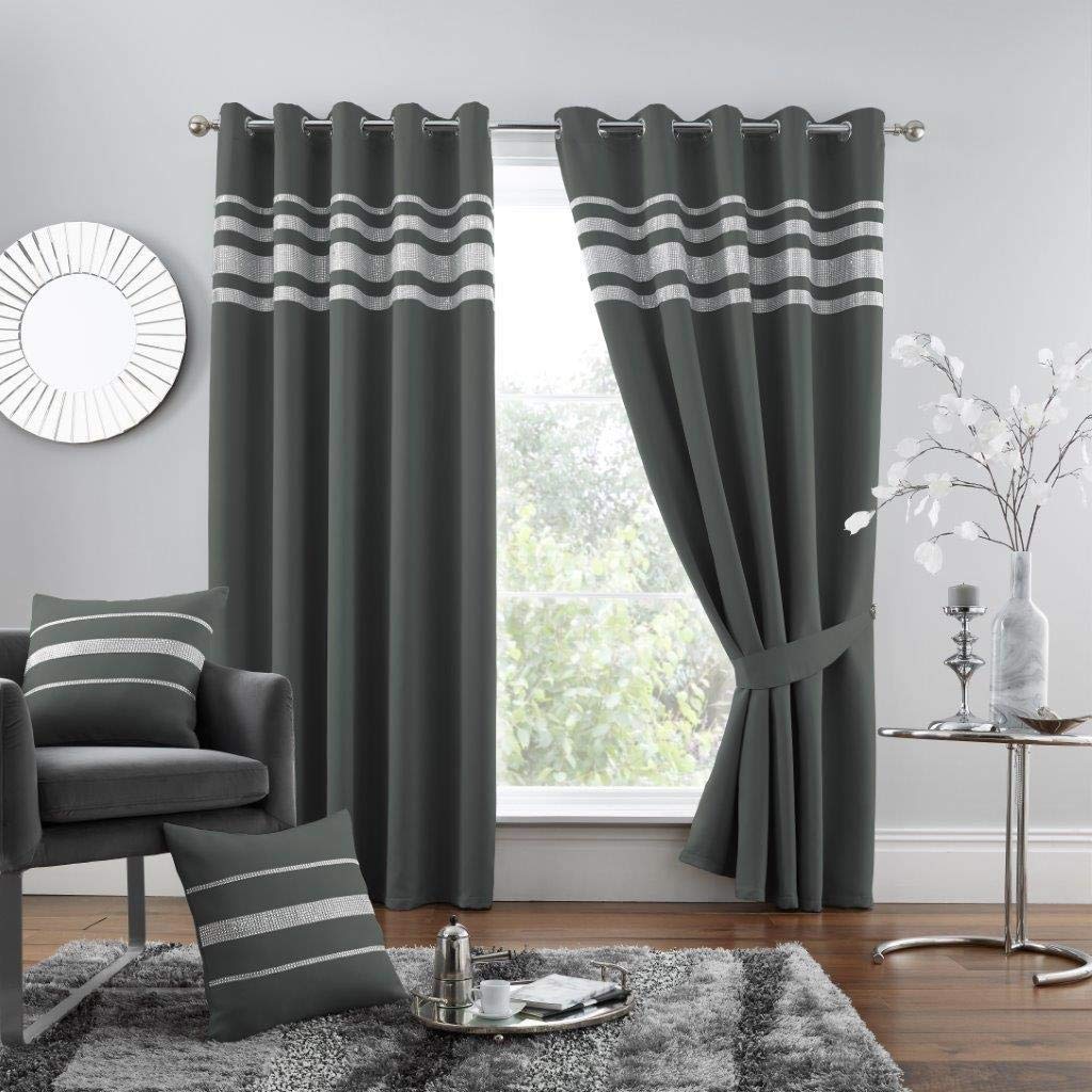 GC GAVENO CAVAILIA Kendal Diamante Blackout Curtain Pair, Eyelet Thermal Insulated Bedroom Curtains With Tie Backs, Charcoal, 66X72 Inch 654254