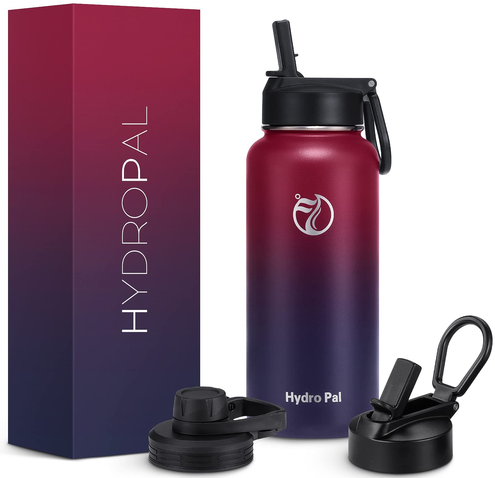 HydroPal Vacuum Insulated Stainless Steel Water Bottle, 1.9L/1.2L/1L/750ml/500ml- 2 Lids (Straw Lid and Spout Lid), 2 Straws Water Bottle for 12 Hours Hot & 24 Hours Cold, Great for Work, Travel