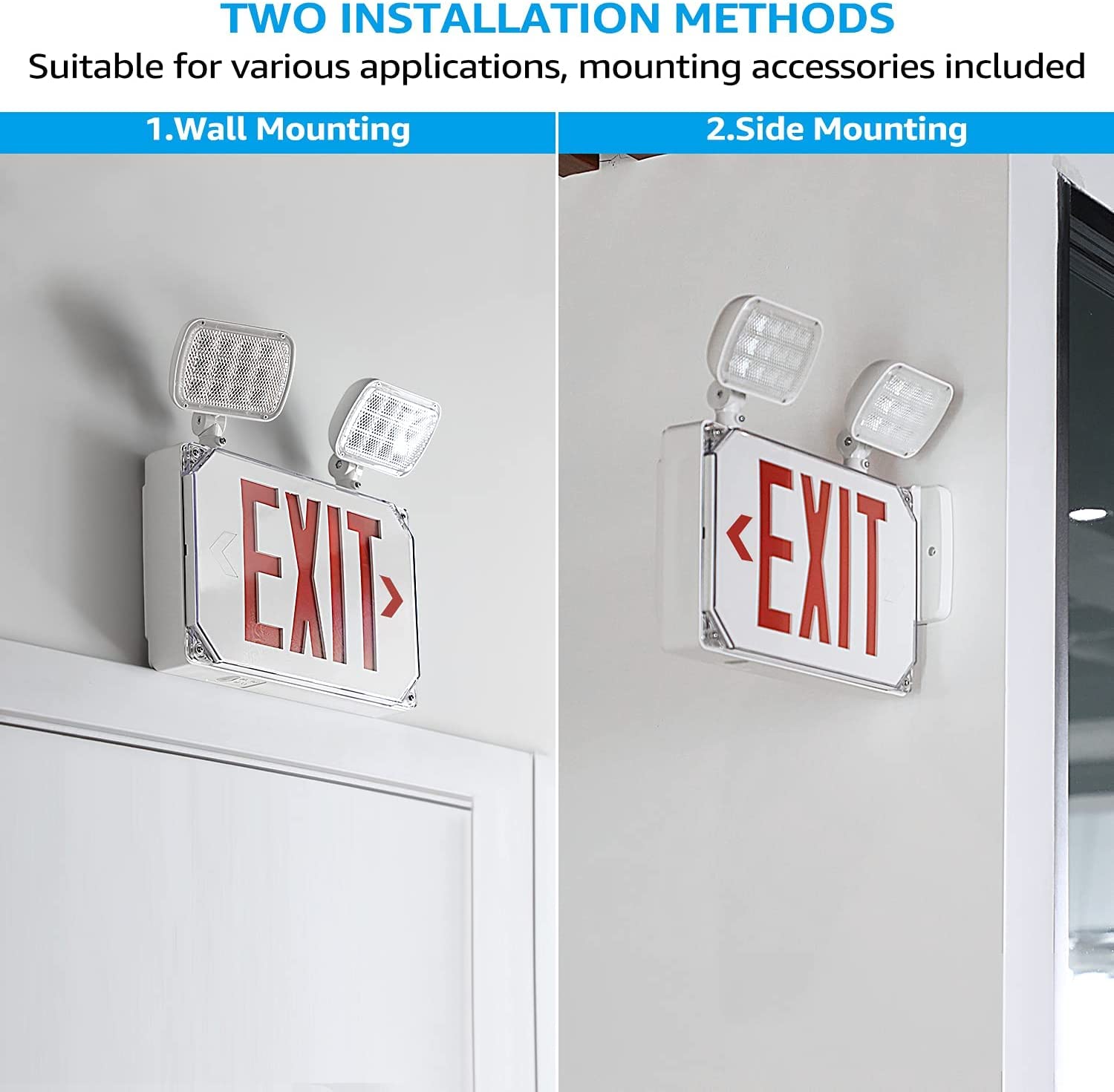 LEONLITE LED Exit Light, Wet Location Exit Sign with Emergency Lights, UL Listed, Outdoor Hardwired Red Letter Exit Sign with Battery Backup, 2 Dual Heads, Double Face, AC 120/277V, White