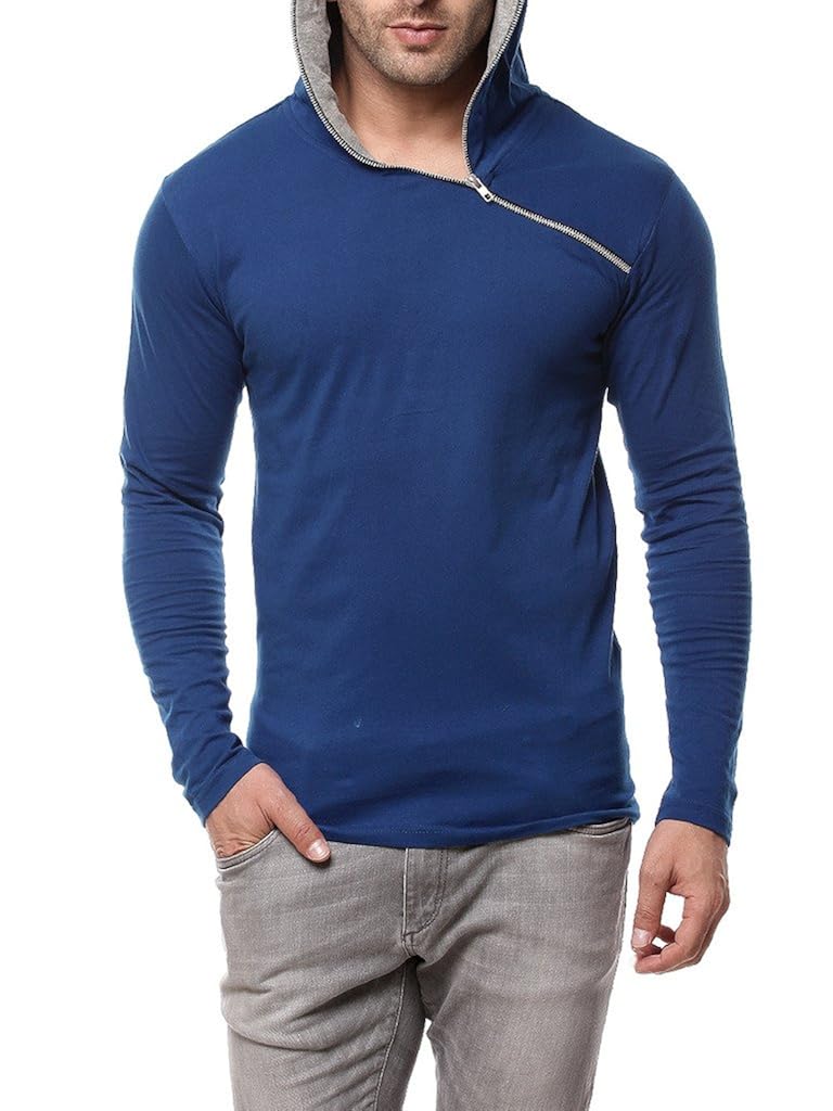 gritstones men's cotton full sleeve hooded t-shirt indigo/grey melange