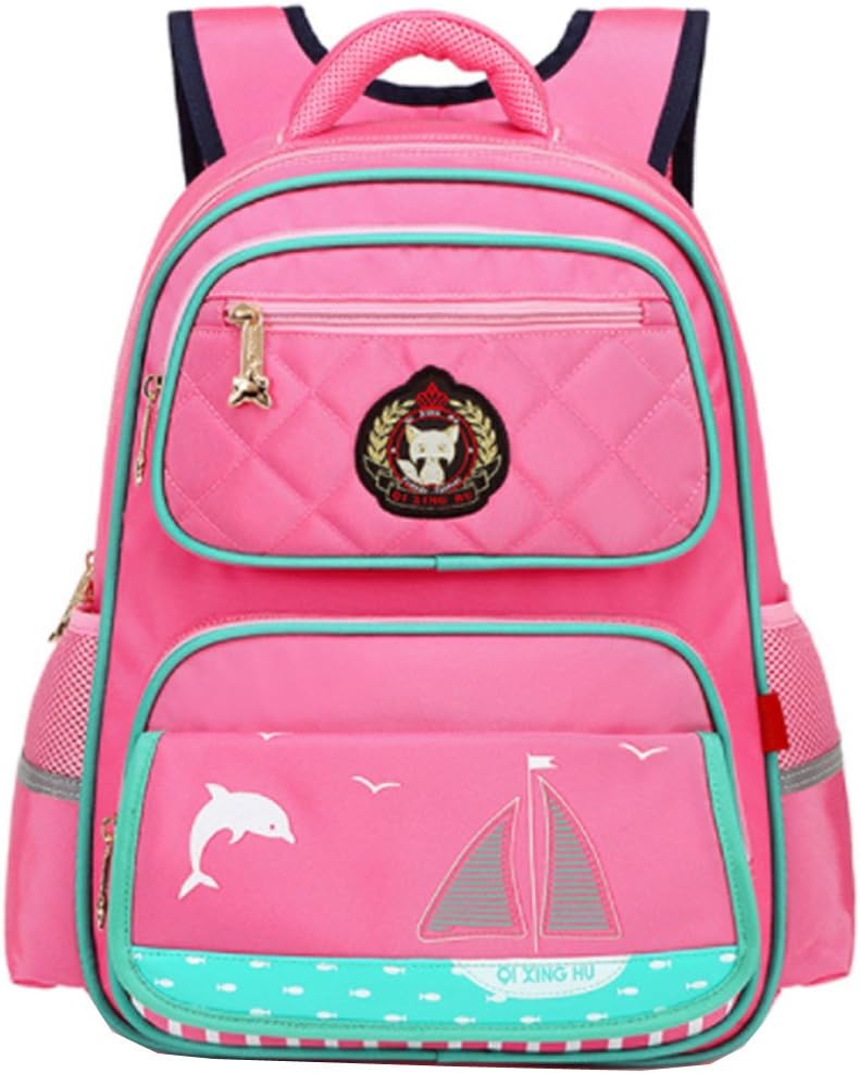 Uniuooi Primary School Backpack Book Bag for Kids Boys Girls Pink Waterproof Nylon Schoolbag Children Travel Rucksack (Pink + Green)