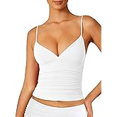 eoeoo Women's Sexy Deep V Neck Wrap Ruched Side Spaghetti Straps Sleeveless Slim Fit Crop Top