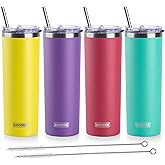 koodee Insulated Coffee Tumbler with Lid and Straw-4 Pack 20 oz Skinny Tumblers, Double Wall Stainless Steel Cup for Women (Yellow/Purple/Wine Red/Teal)