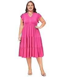 Moon Wood Womens Plus Size V Neck Ruffle Midi Dress