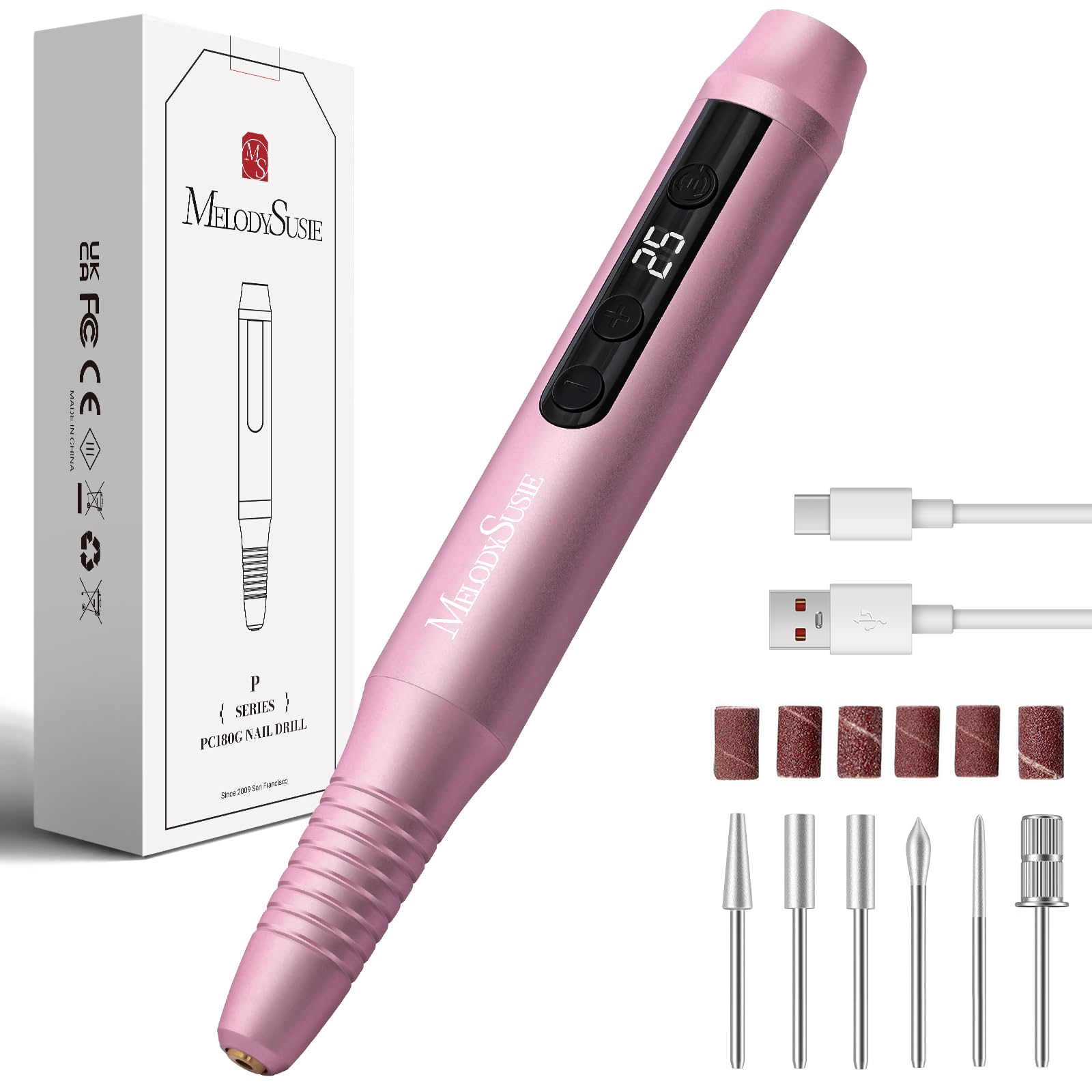 MelodySusie Cordless Nail File,PC180G Electric Nail Drill for Acrylic Gel Nails 25,000RPM Professional Portable Nail Efile Manicure Pedicure Polishing Tool with Nail Drill Bits,Sanding Bands (Rose)