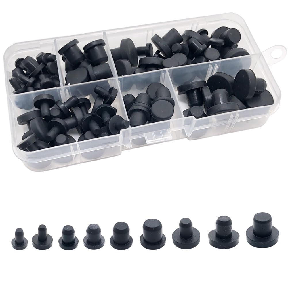 Photo 1 of 100 Pcs Silicone Rubber Hole Plugs Set - 9 Sizes T-Type Black Silicone Plugs Caps for Powder Coating, Waterproof Sealing, Pipe/Test Tube Caps - Heat Resistant, Durable, Multi-Purpose (Black)
