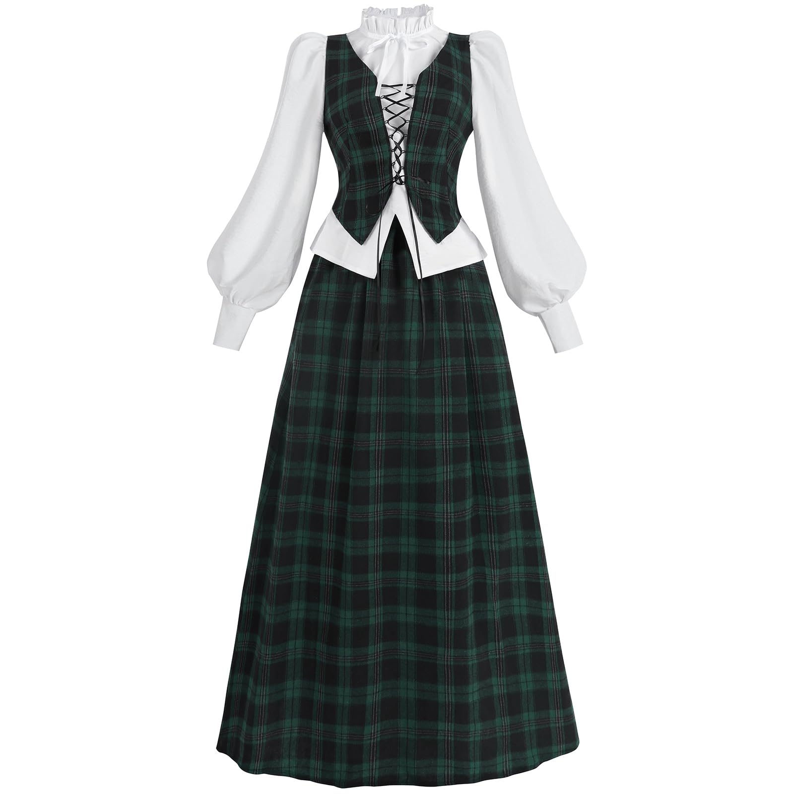 Photo 1 of FCCAM Plaid Victorian Dress for Women Long Sleeve 1800s Edwardian Dresses Gown Renaissance Costume with Pockets S