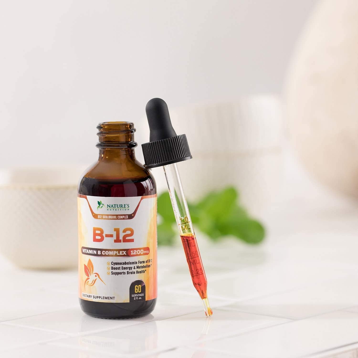 B12 Vitamin Sublingual Liquid Drops for Metabolism and Energy, Made in