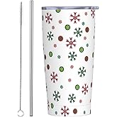 FEYAMYUN Christmas Snowflake 20oz Tumbler, Red Green Snowflakes Stainless Steel Travel Coffee Mug with Lid Straw, Winter Holiday Xmas Double Wall Vacuum Insulated Coffee Cup for Hot and Cold Drinks