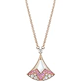 Rose Gold Necklace for Woman, 18K Rose Gold Plated Pendant Necklace, 18K Rose Gold Rhinestone Pendant Necklace for Woman, Dainty Cubic Zirconia Crystal Adjustable Chain Choker Necklaces Prom Wedding Fashion Jewelry, set with Shell, pink sapphires, and diamonds. Valentine's Day special edition Birthday Gift