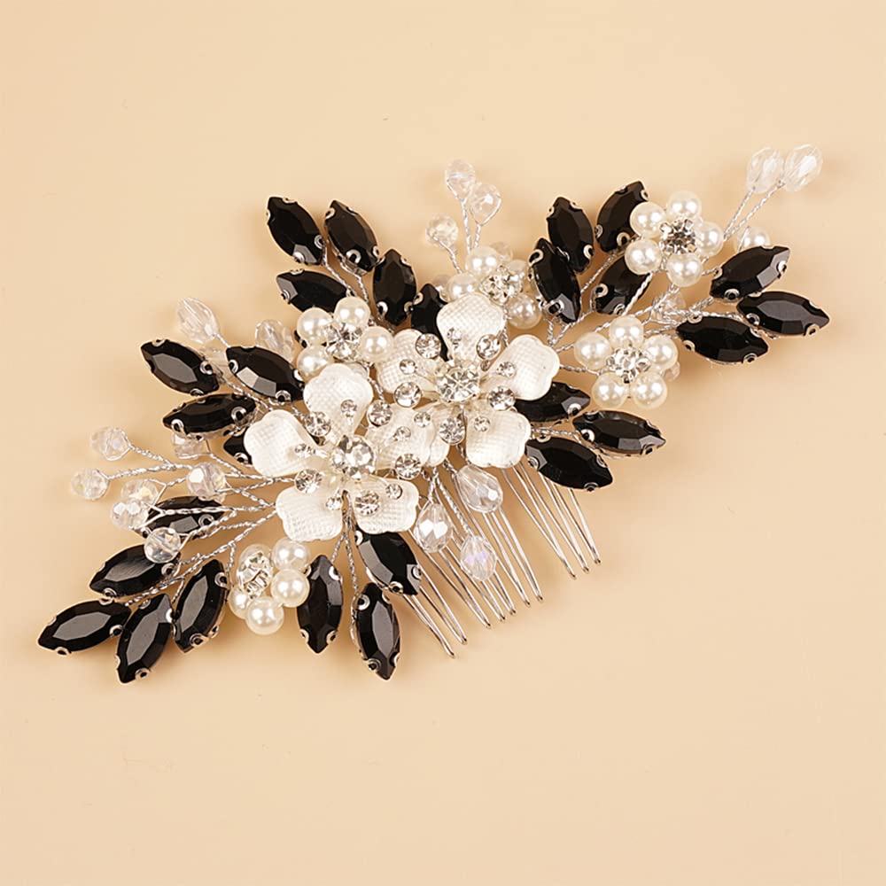 Beryuan Silver Flowers Pearls Crystal Rhinestone Hair Comb - Black Teardrop Crystal Rhinestone Pearls Headband - Silver Wedding Hair Accessory for Women and Girls