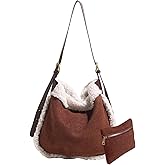 CORIOS Women Suede Tote Bag Shoulder Bag with Lamb Wool Vintage Crossbody Bag Soft Plush Top Handle Bag Large Handbag