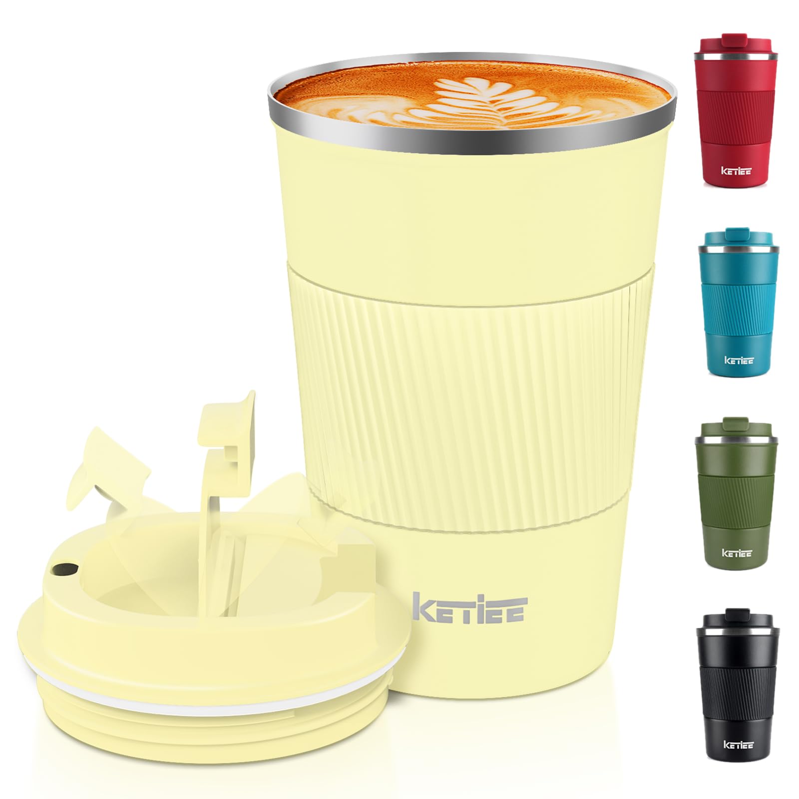 KETIEE Coffee Mug to Go, 380 ml Thermal Mug, Coffee-to-Go, Double-Walled Travel Mug, Vacuum Insulated Mug with Leak-Proof Lid for Coffee and Tea, Milk Yellow