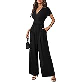 LOOKBOHO Women Dressy Casual Jumpsuits Elegant High Waist Side Ruched Romper Summer Short Sleeves Wide Leg Pants